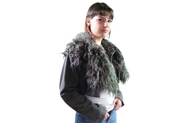 Y2K Faux Fur Cropped Corduory Gray Jacket
