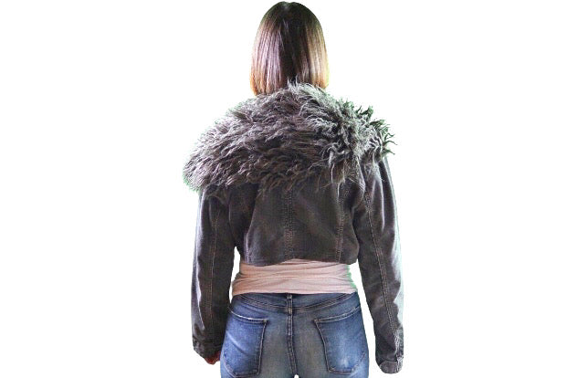 Y2K Faux Fur Cropped Corduory Gray Jacket