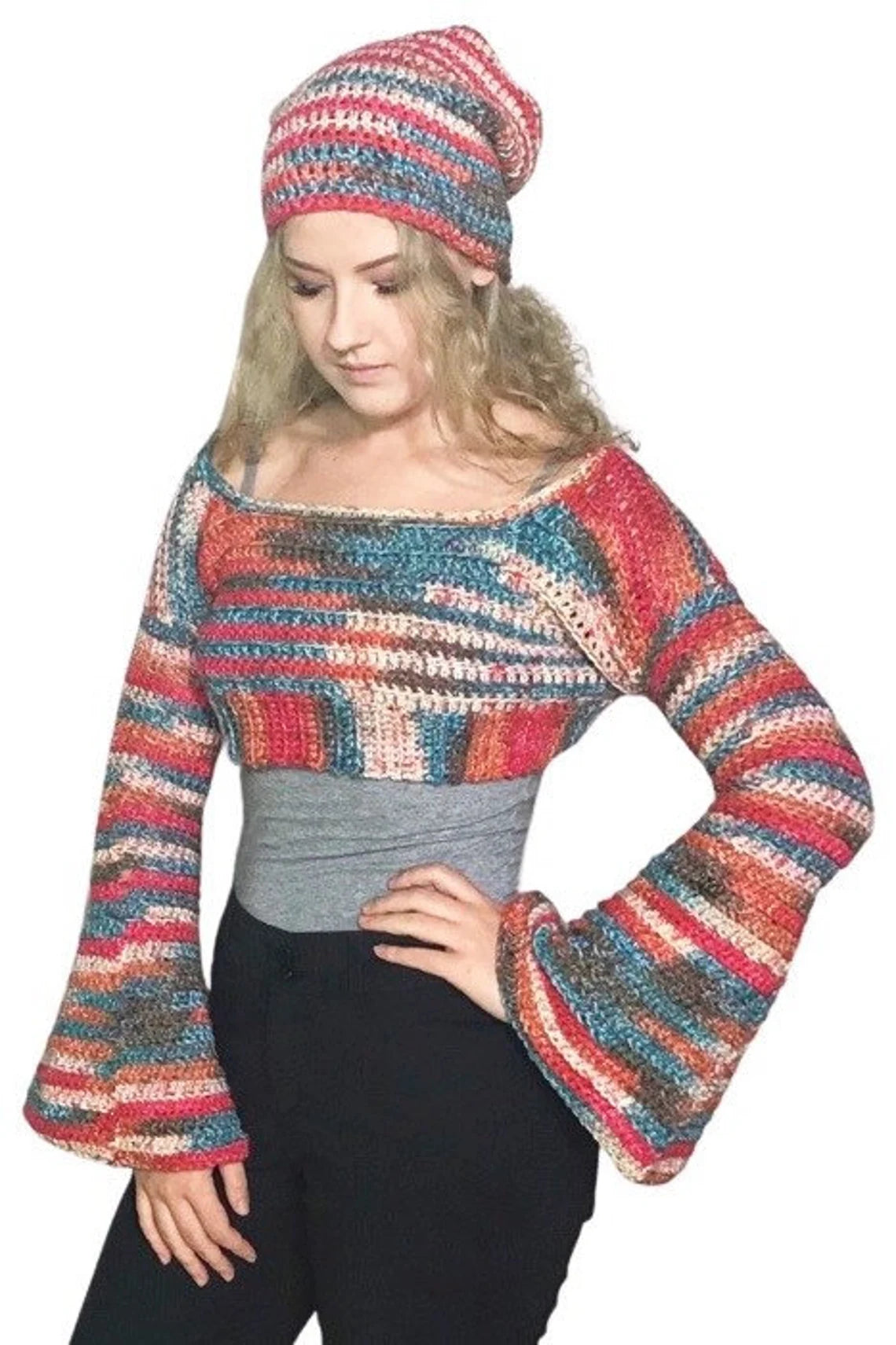 S/M Desert Sunset Striped Crochet Crop Sweater Shrug with Bell Sleeves and Slouchy Beanie Hat