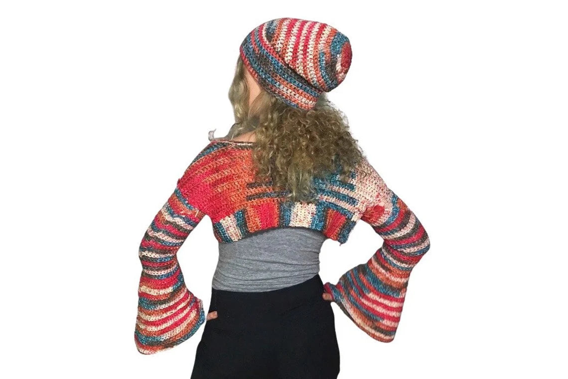 S/M Desert Sunset Striped Crochet Crop Sweater Shrug with Bell Sleeves and Slouchy Beanie Hat