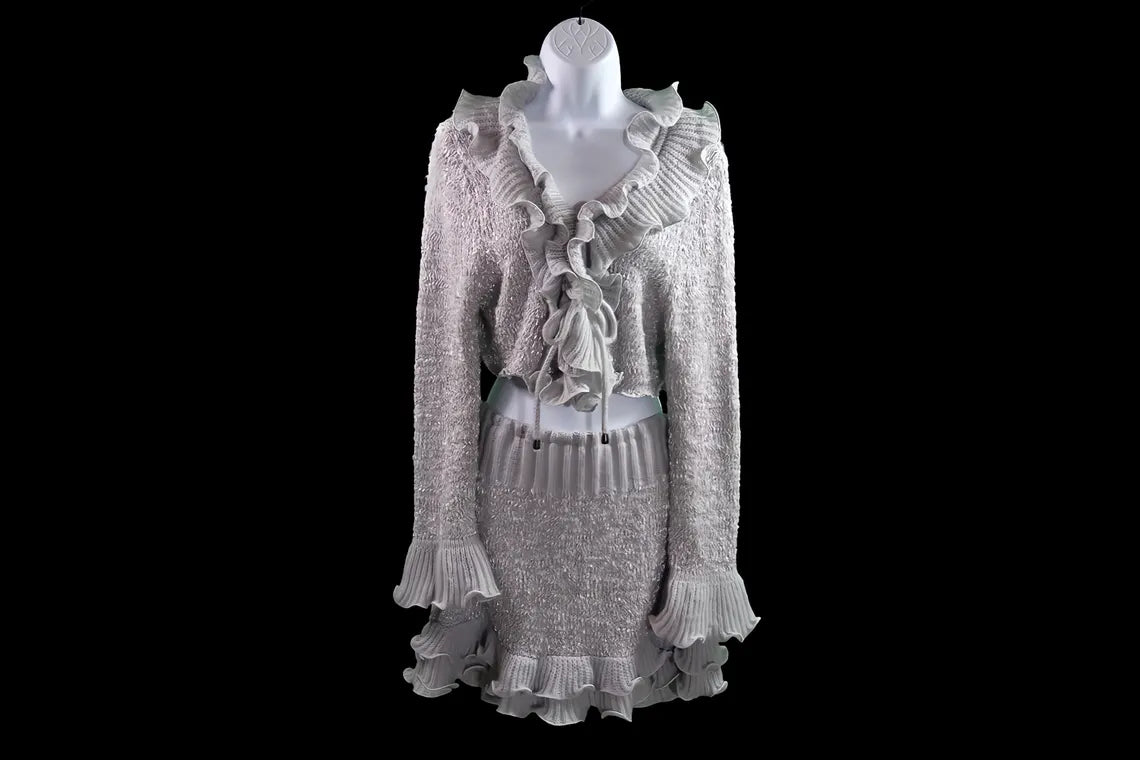 M-L Fairycore silver gray ruffled sweater skirt and cropped sweater