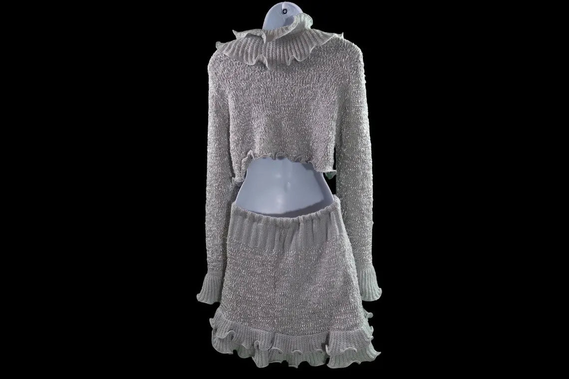 M-L Fairycore silver gray ruffled sweater skirt and cropped sweater