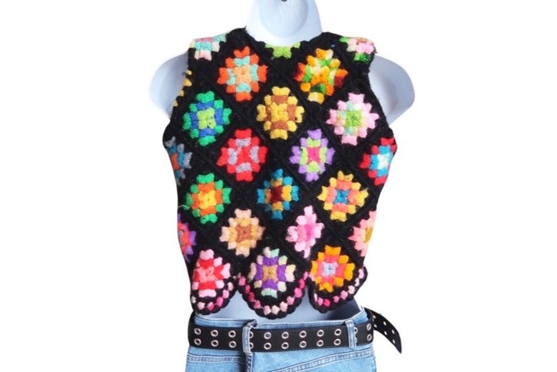 Lace Up Granny Square Crochet Vest, size Medium.