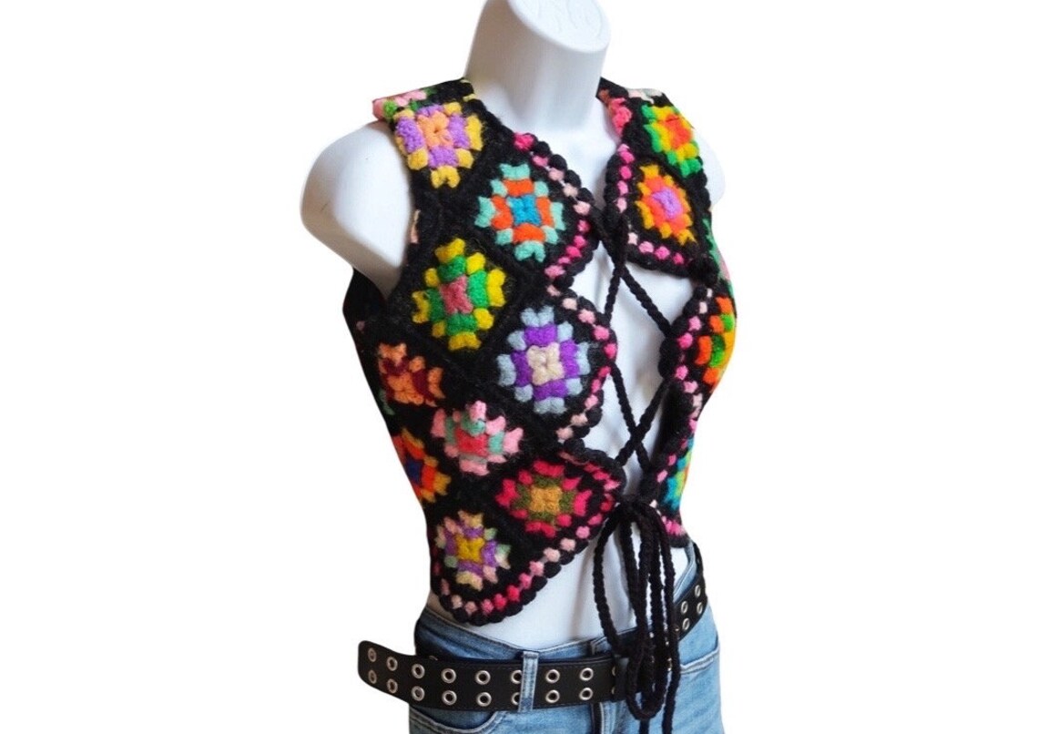 Lace Up Granny Square Crochet Vest, size Medium.