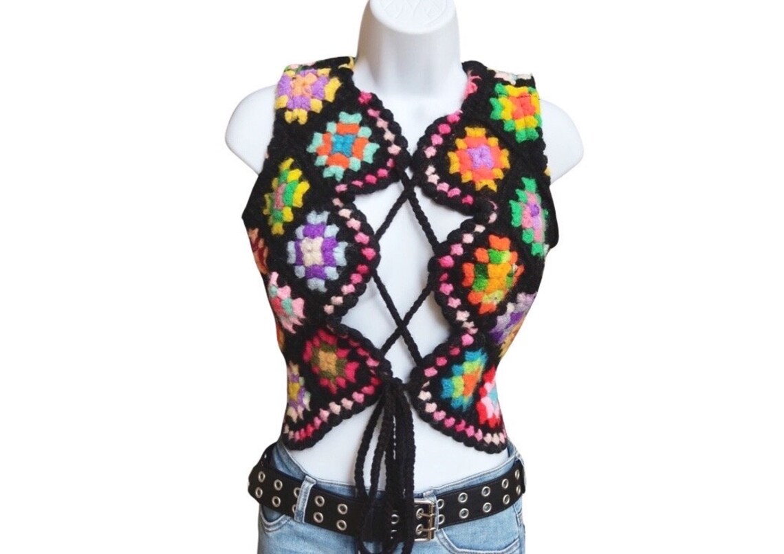 Lace Up Granny Square Crochet Vest, size Medium.