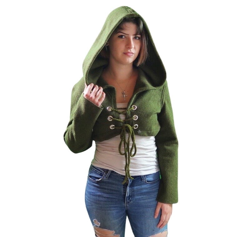 Fairycore Olive Green Wool Hooded Jacket