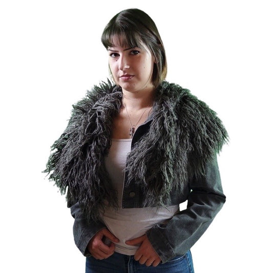 Y2K Faux Fur Cropped Corduory Gray Jacket