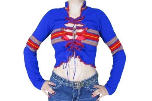 S/M Royal Blue Striped Lace Up Cropped Sweater