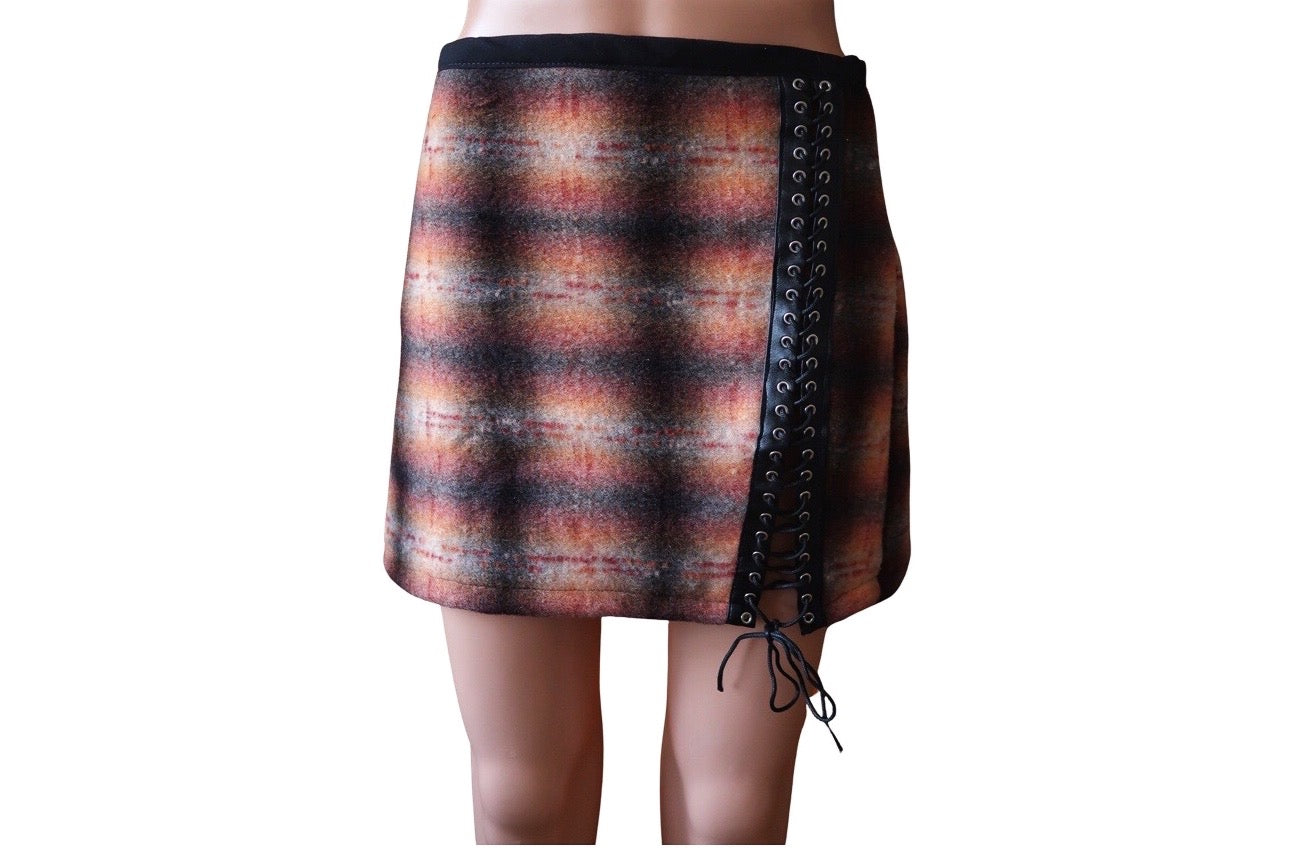 Ombre Plaid Lace Up Skirt, size Medium