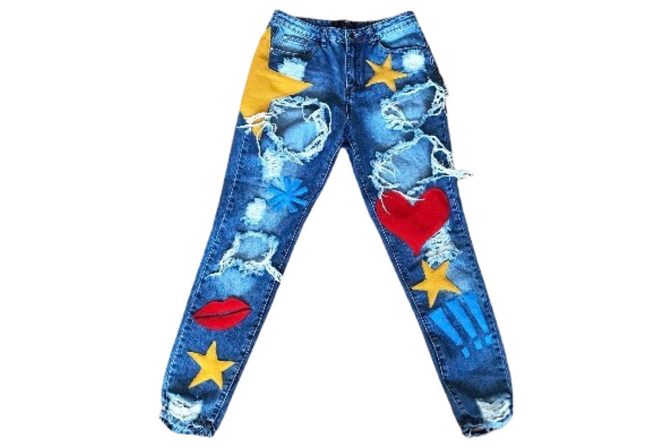 Sm. Reworked Appliqued Destroyed Blue Jeans