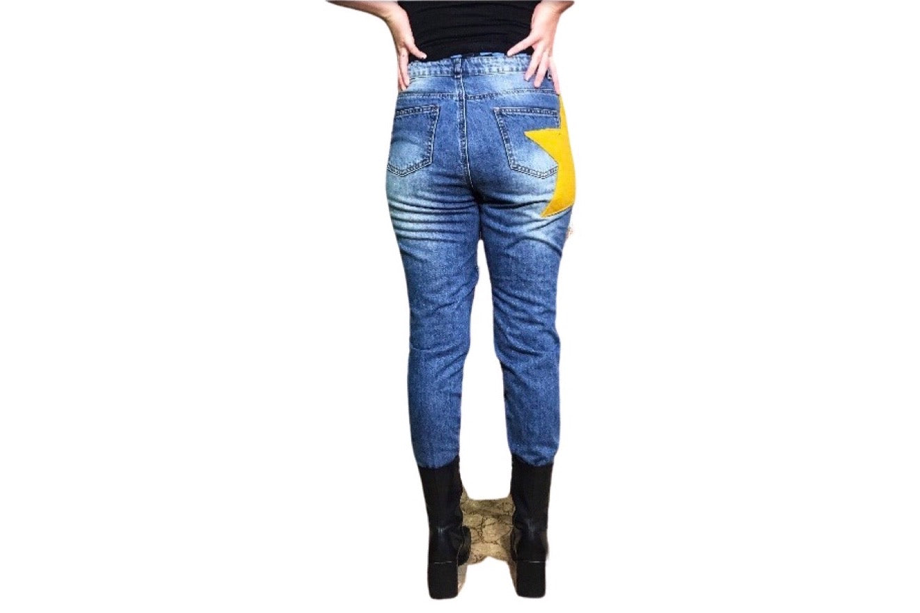 Sm. Reworked Appliqued Destroyed Blue Jeans