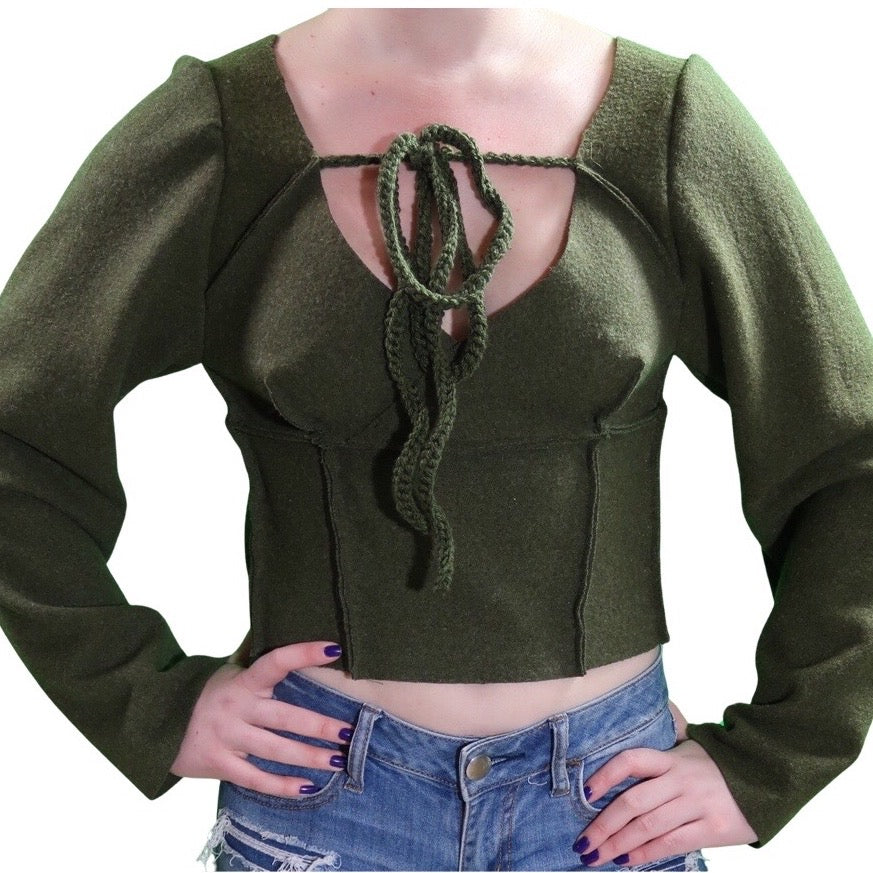 Olive Green Wool Long Sleeved Bustier, Small