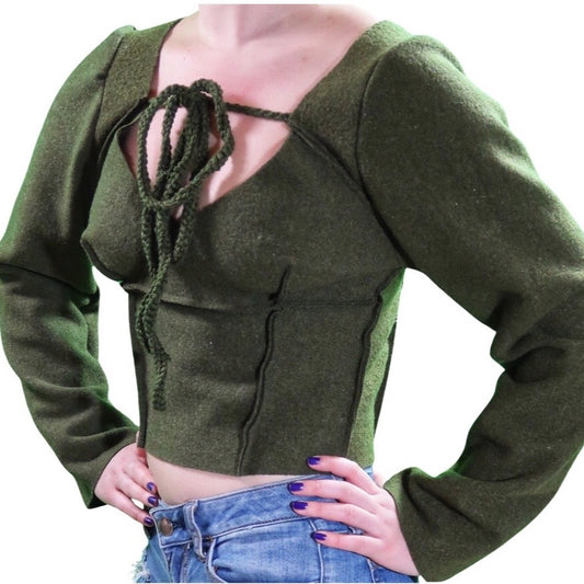 Olive Green Wool Long Sleeved Bustier, Small