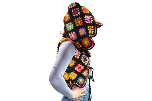 Granny Square Crochet Hooded Lace Up Vest, size XXS/XS