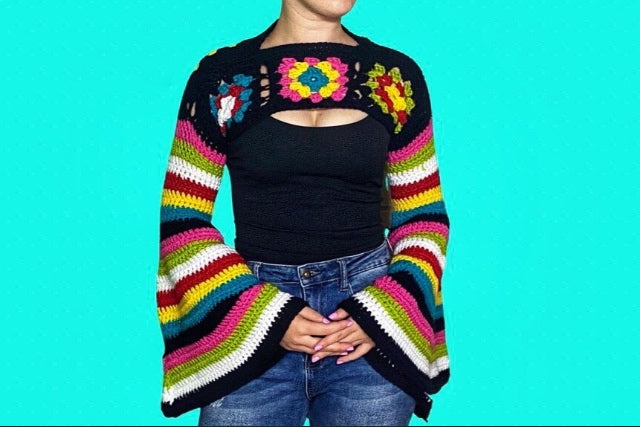 S/M Granny Square Crochet Cropped Sweater Shrug
