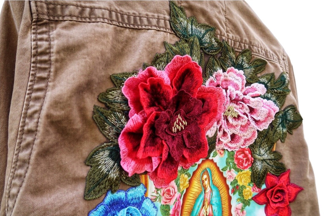 Med. Virgin of Guadalupe Appliqued Khaki Cargo Shirt Jacket