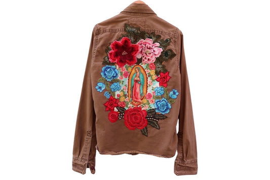 Med. Virgin of Guadalupe Appliqued Khaki Cargo Shirt Jacket
