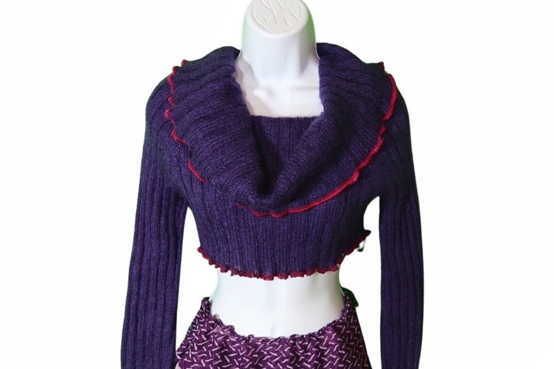 Slouchy Cowl Purple Cropped Sweater and Mixed Pattern Skirt
