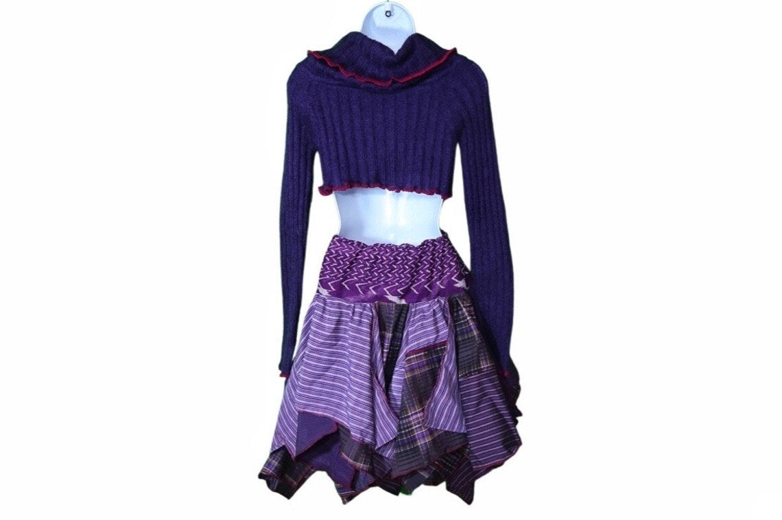 Slouchy Cowl Purple Cropped Sweater and Mixed Pattern Skirt