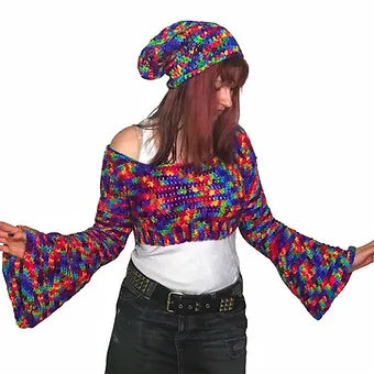 S/M Hand Crochet Cropped Sweater Shrug with Bell Sleeves and Slouchy Beanie Hat