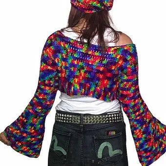 S/M Hand Crochet Cropped Sweater Shrug with Bell Sleeves and Slouchy Beanie Hat