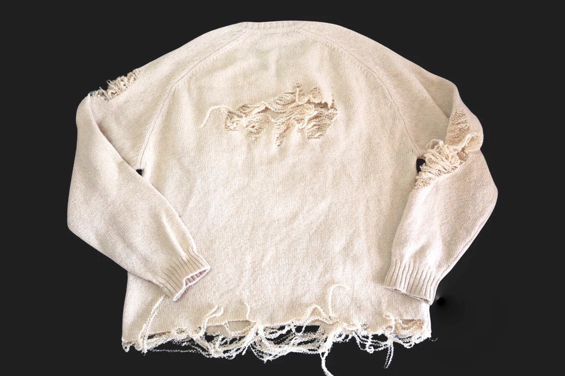 Destroyed Buttercream Wool V Neck Sweater, Mens Large