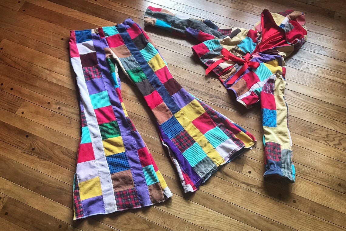 Crazy Quilt Patchwork Corduroy Bell Bottoms and Hooded Cropped Jacket