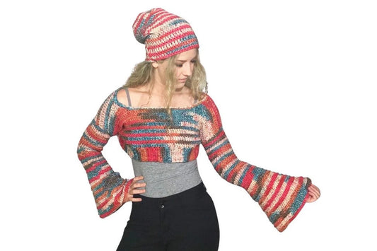 S/M Desert Sunset Striped Crochet Crop Sweater Shrug with Bell Sleeves and Slouchy Beanie Hat