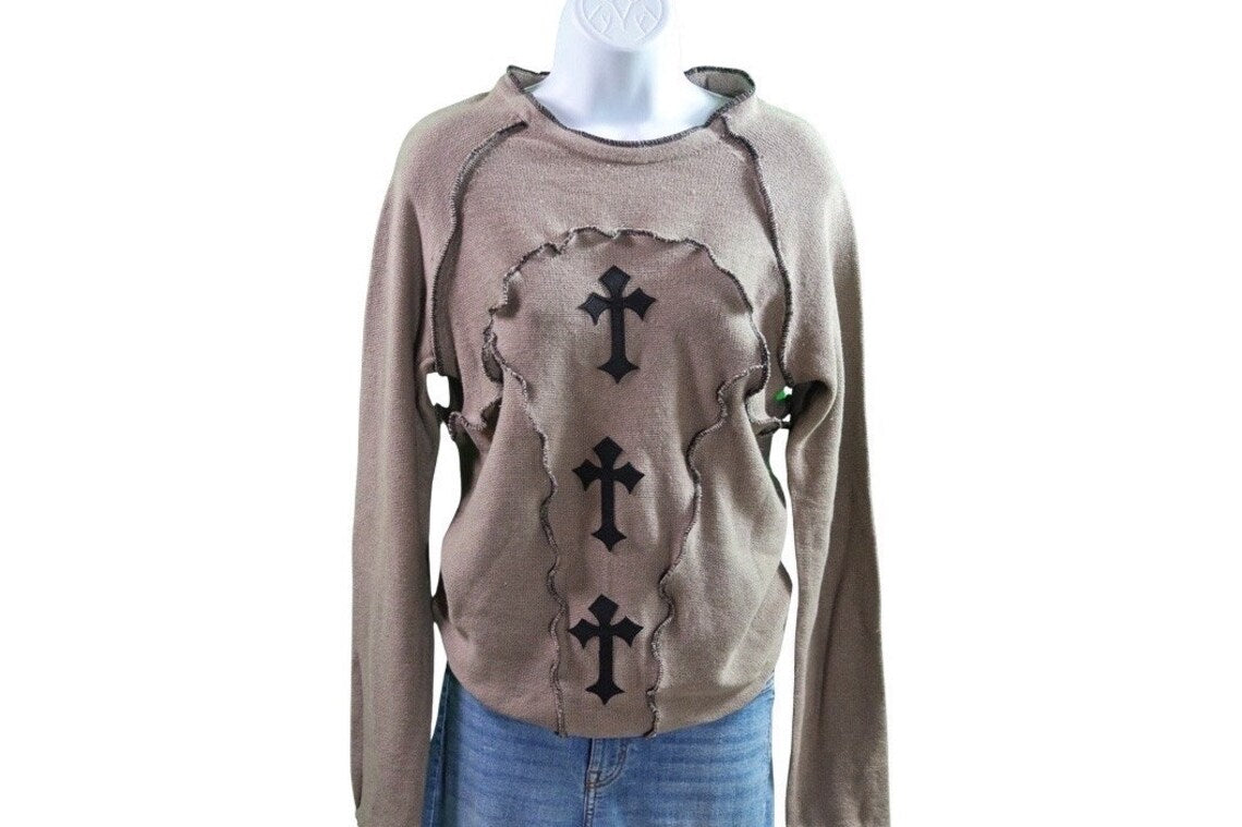 Gothic Cross Appliqued Reworked Sweater, Sm/Med