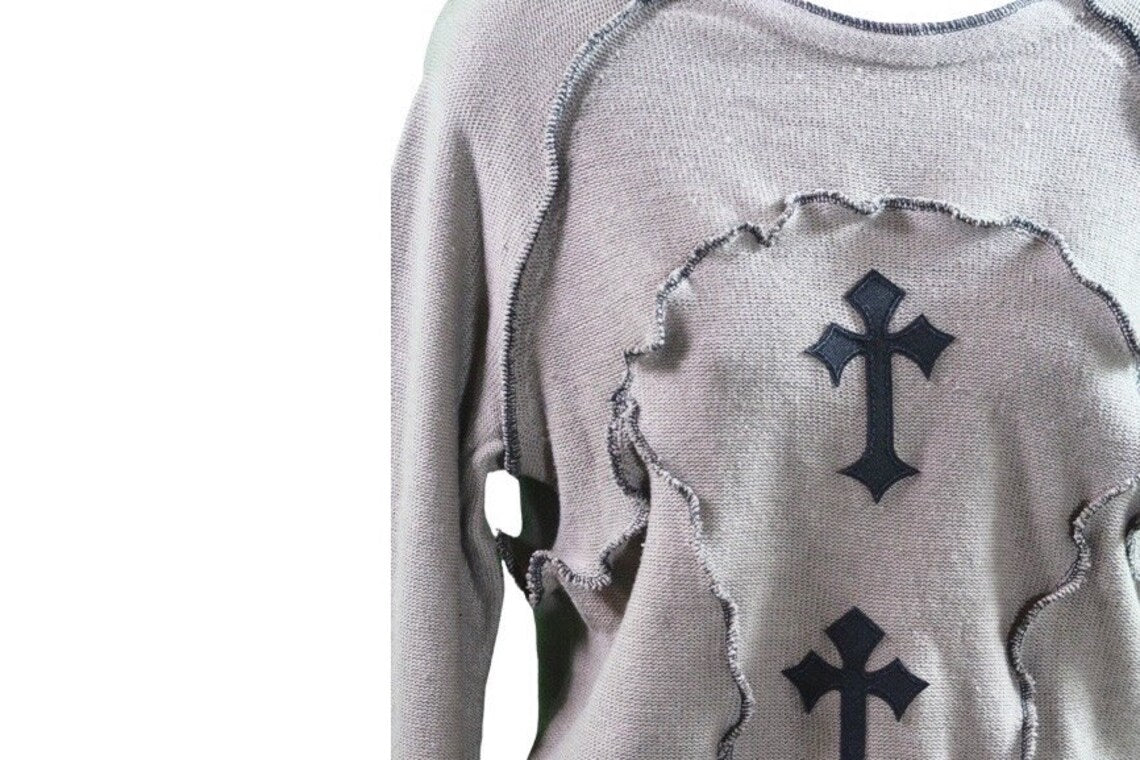 Gothic Cross Appliqued Reworked Sweater, Sm/Med