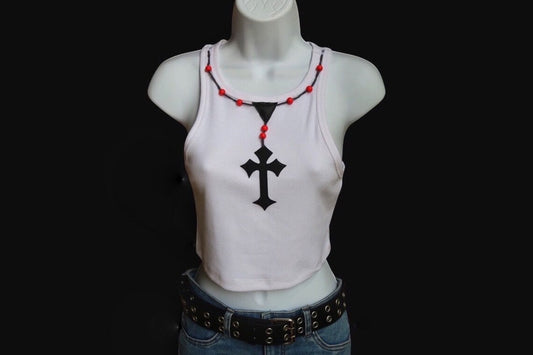 Gothic Rosary Appliqued Cropped Tank Top
