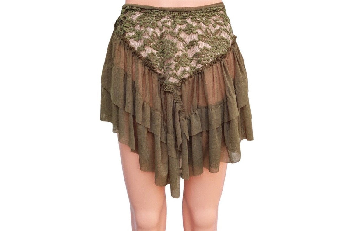Fairy Olive Green Lace Sheer Mini Skirt, size Medium