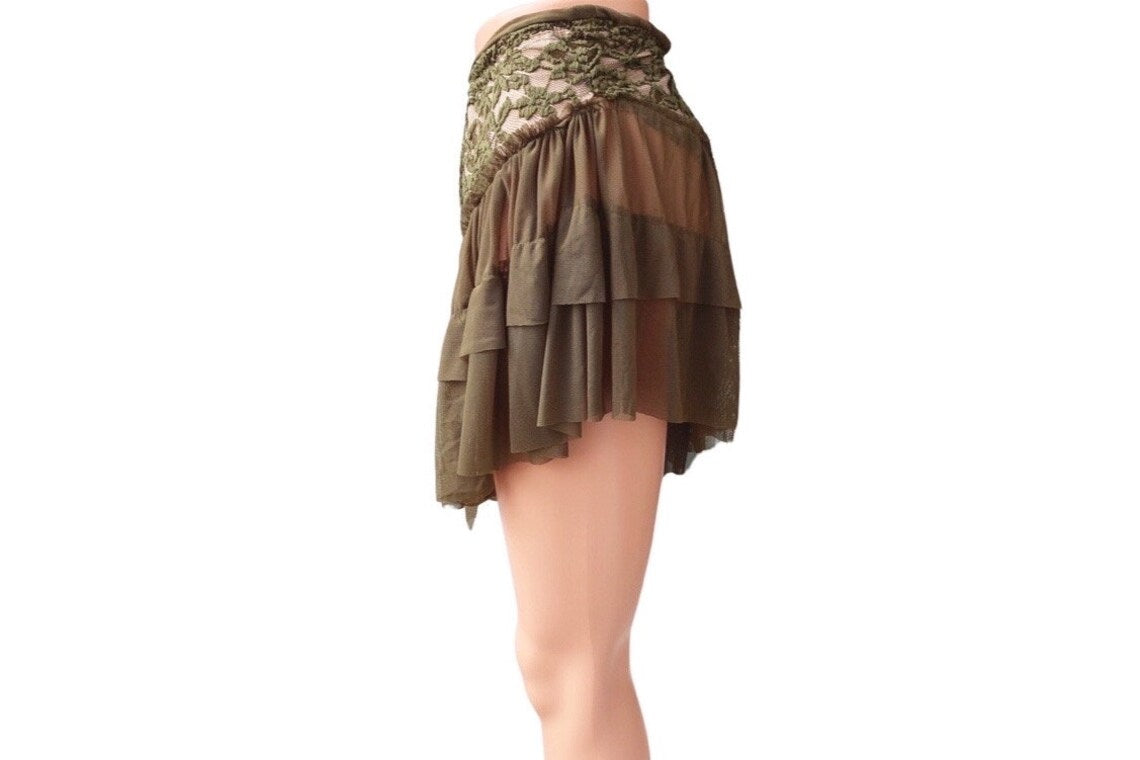 Fairy Olive Green Lace Sheer Mini Skirt, size Medium