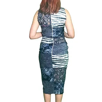 S/M Blue Lace and Tie Dye Patchwork Mini Bodycon Dress