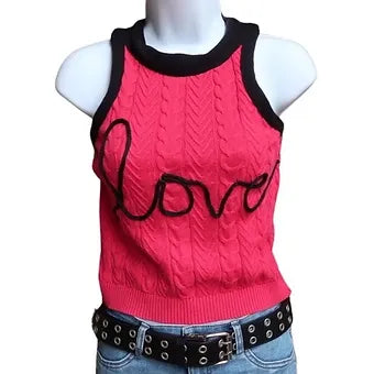 L/XL Pink & Black Love Cable Knit Tank Top