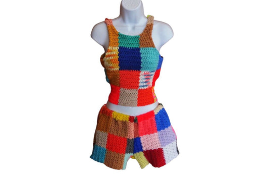 Med. Patchwork Crochet Tank Top & Shorts Set