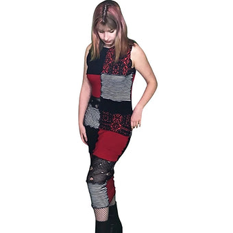 S/M Red and Black Patchwork Bodycon Midi Dress
