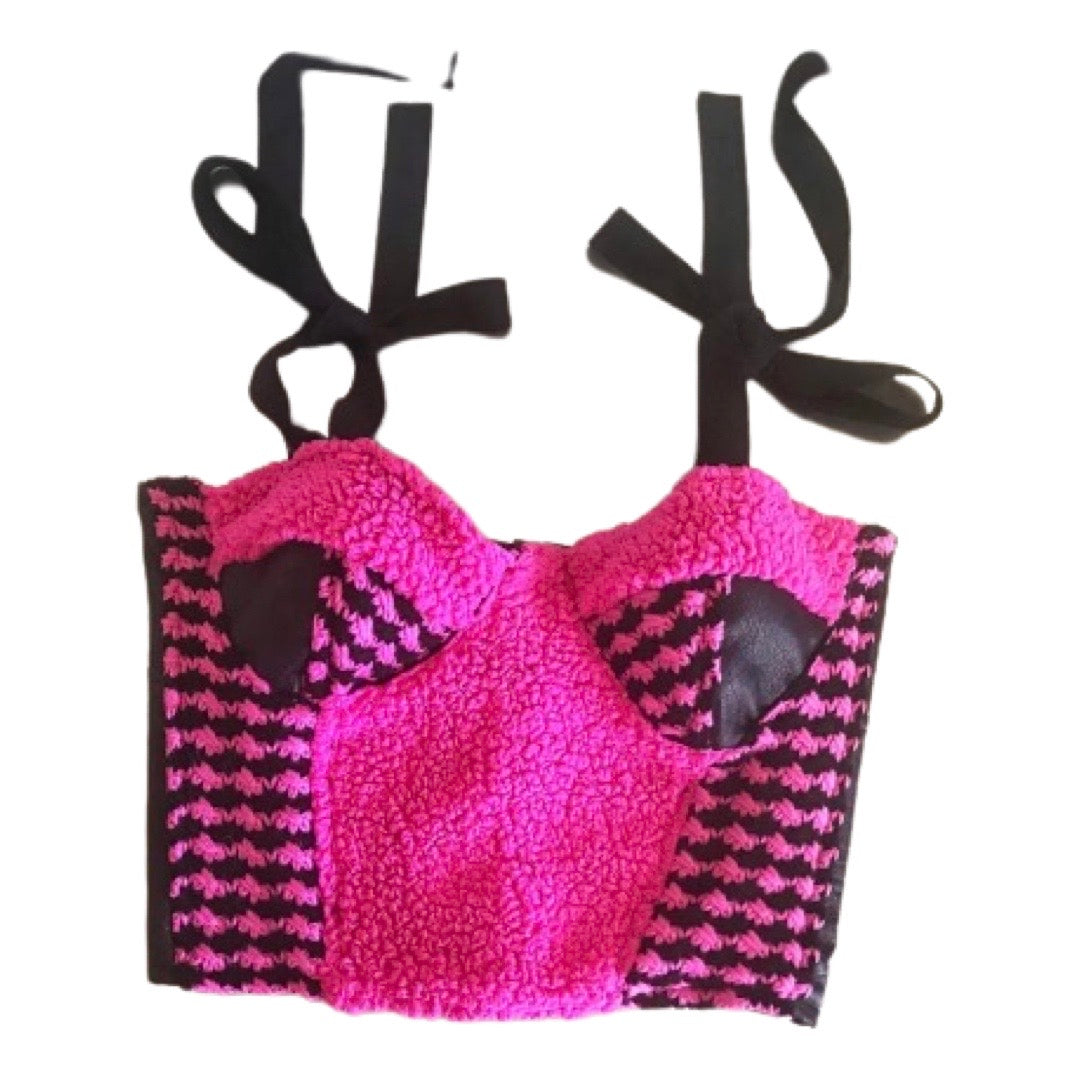 M/L Pink & Black Textured Knit Bustier Crop Top