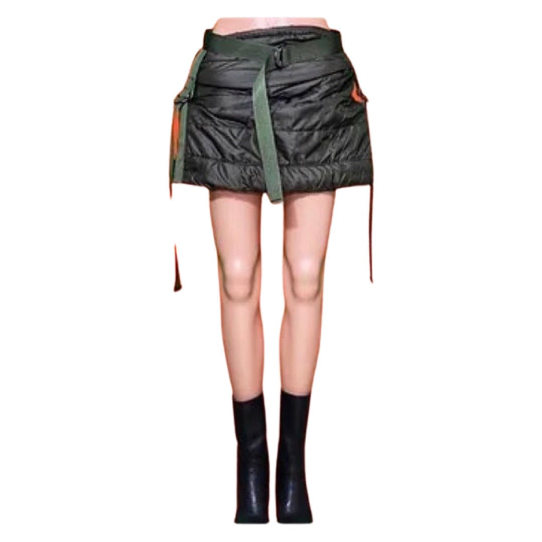 Med. Olive Green Puffer Scrunched Mini Skirt