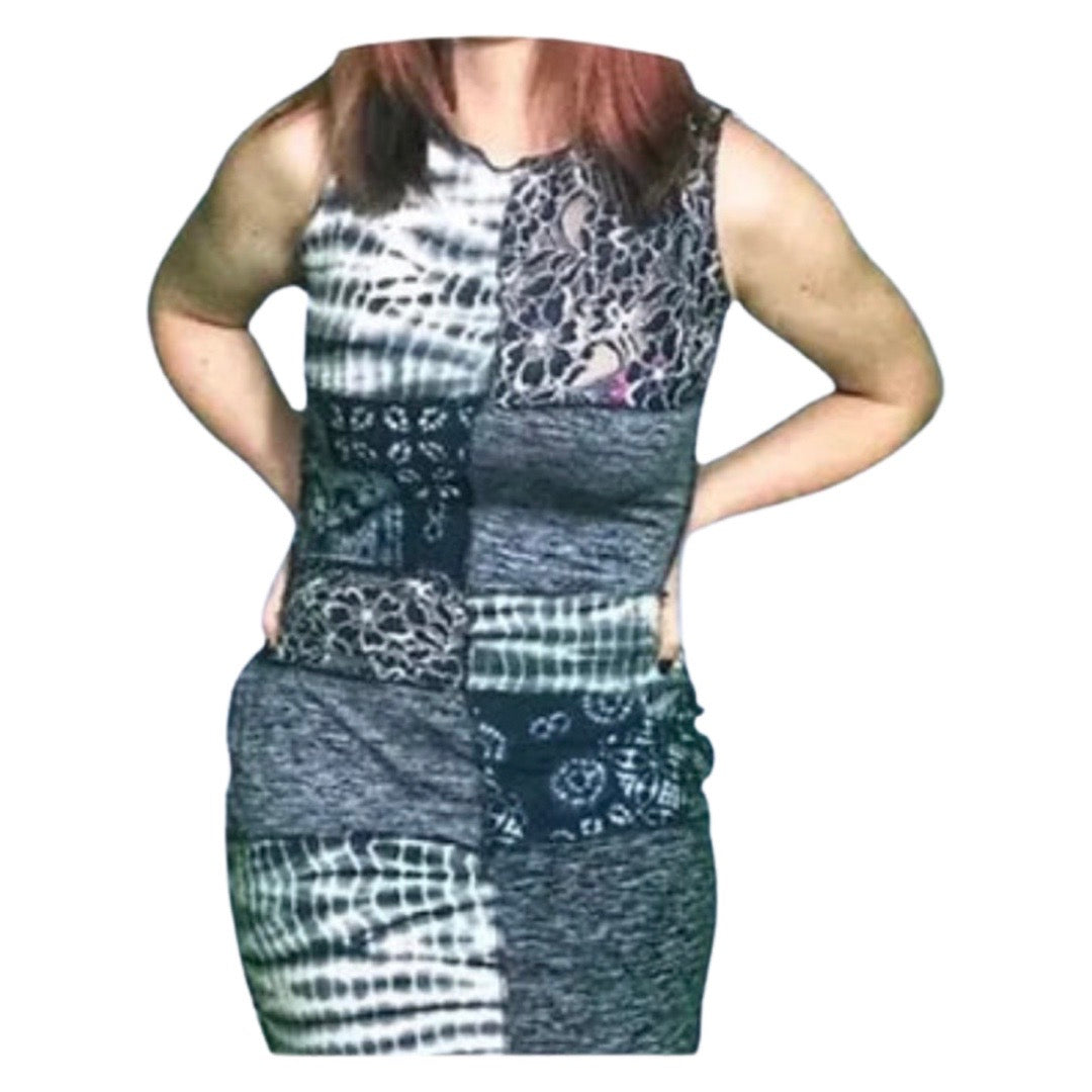 S/M Blue Lace and Tie Dye Patchwork Mini Bodycon Dress