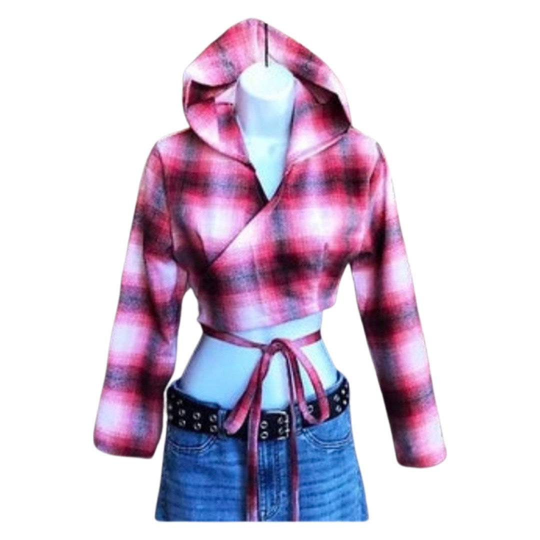 Med. Plaid Flannel Hooded Cropped Wrap Top