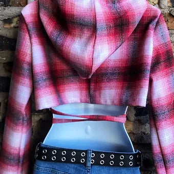 Med. Plaid Flannel Hooded Cropped Wrap Top