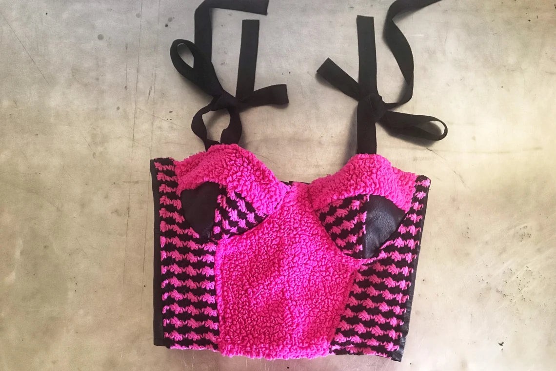 M/L Pink & Black Textured Knit Bustier Crop Top