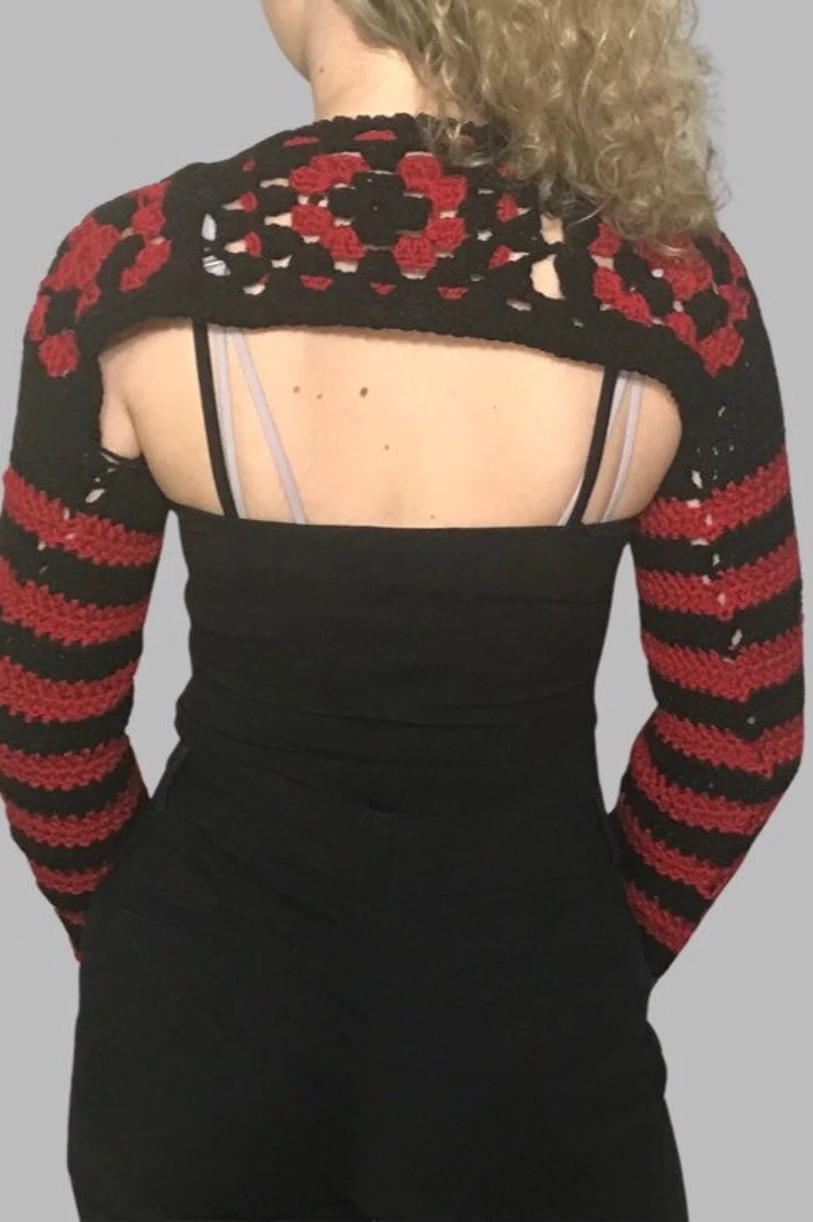 S/M Granny Square Crochet Striped Cropped Sweater Shrug