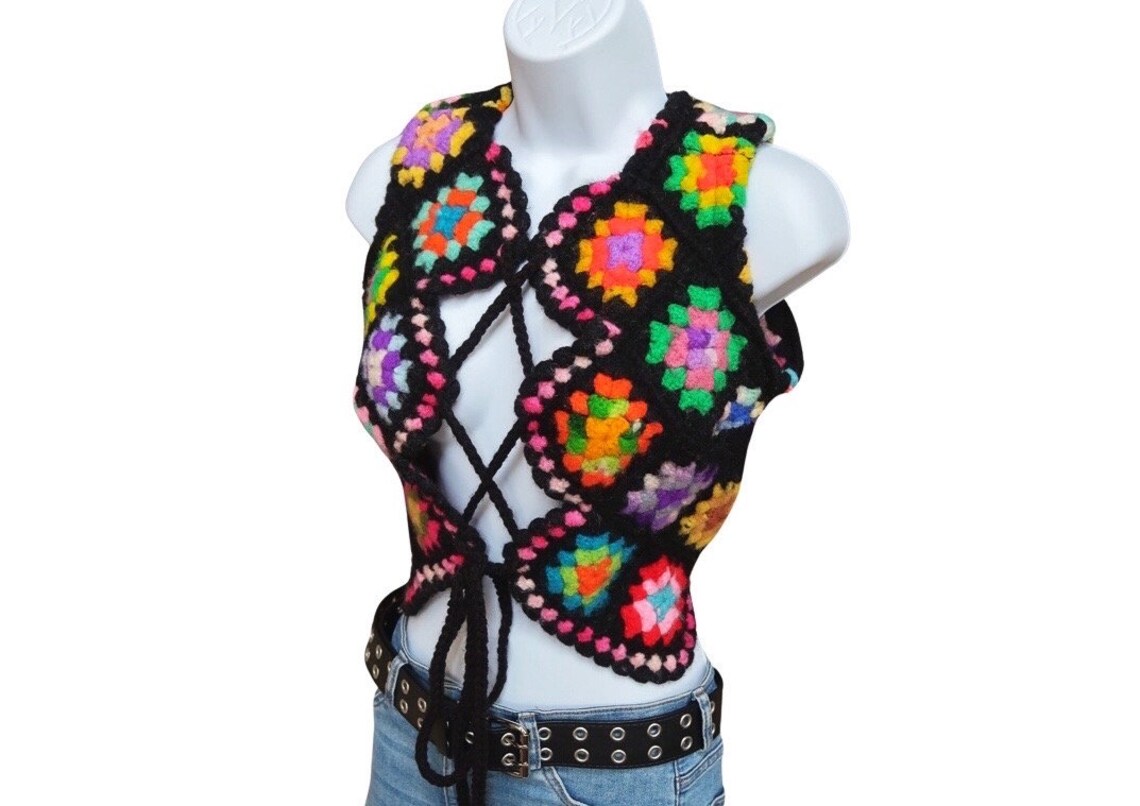 Lace Up Granny Square Crochet Vest, size Medium.