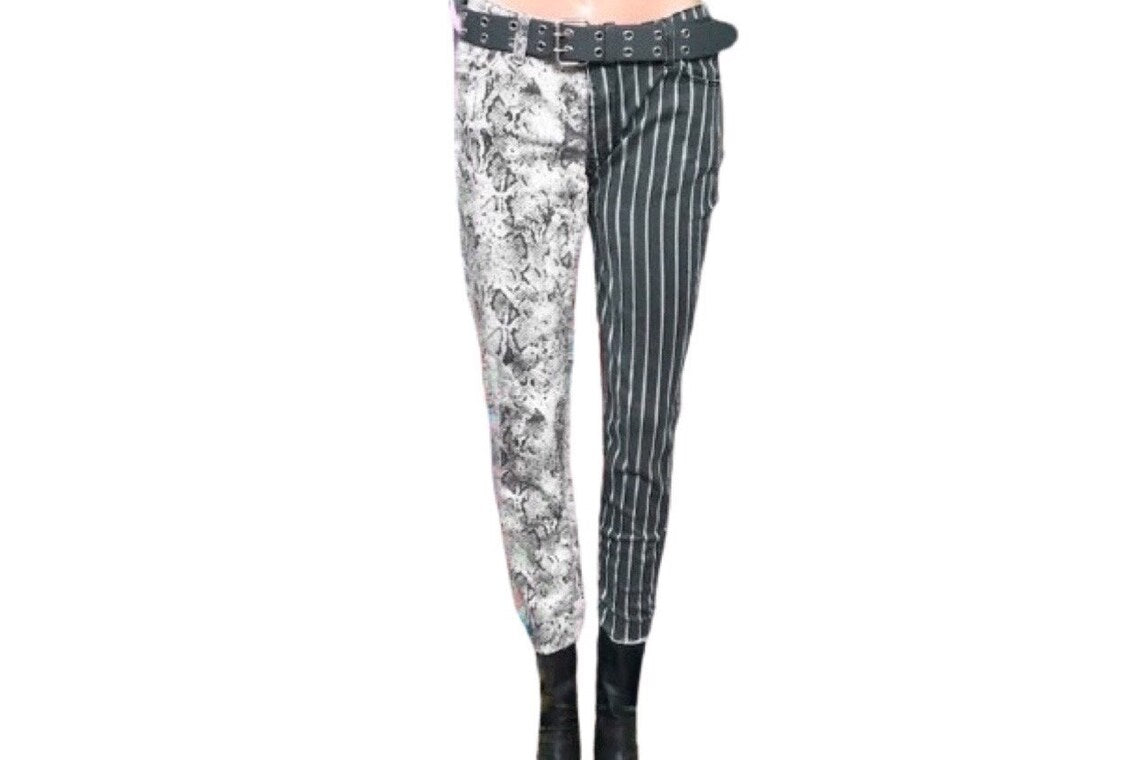 Spliced Snake & Striped Gray Skinny Pants, size XSmall