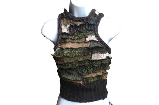 Med. Woodland Patchwork Cropped Sweater Tank Top
